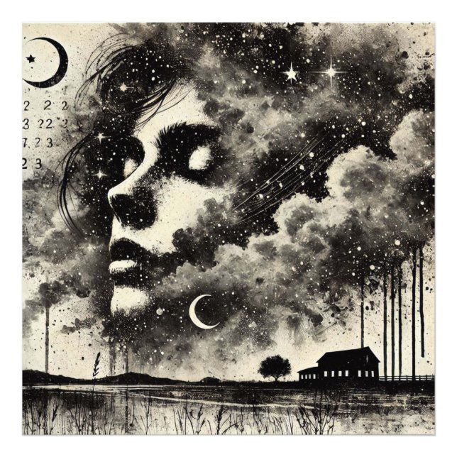 Foto Mulher em dupla exposição com gaivotas e céu estre (Frente)