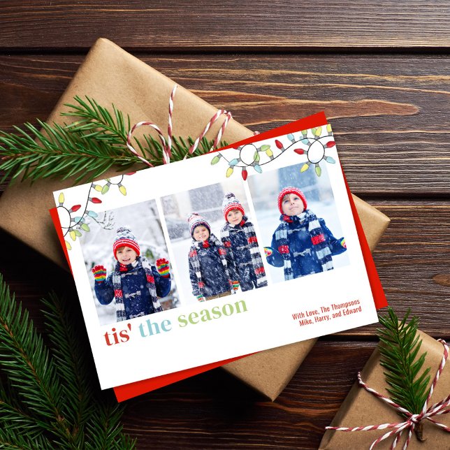 Foto múltipla do Cartões de foto de Natal das luze (Tis the season holiday photo card with colorful string lights)
