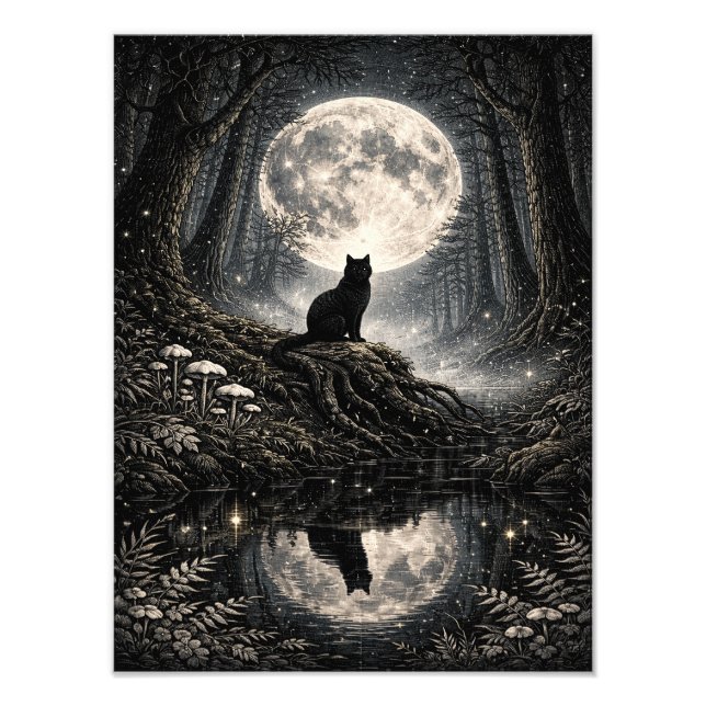 Foto Mystical Black Cat Under Full Moon Forest Poster (Frente)