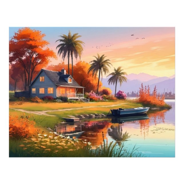 Foto Nature Sunset Painting with Lake, Cottage (Frente)