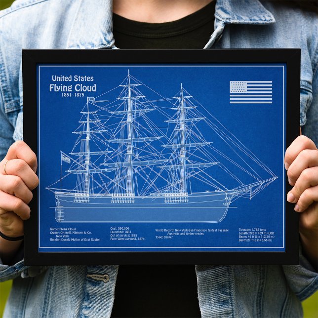 Foto Navio Clipper Flying Cloud - Planta ABD (Clipper Ship Flying Cloud - Blueprint ABD. Photo Print )