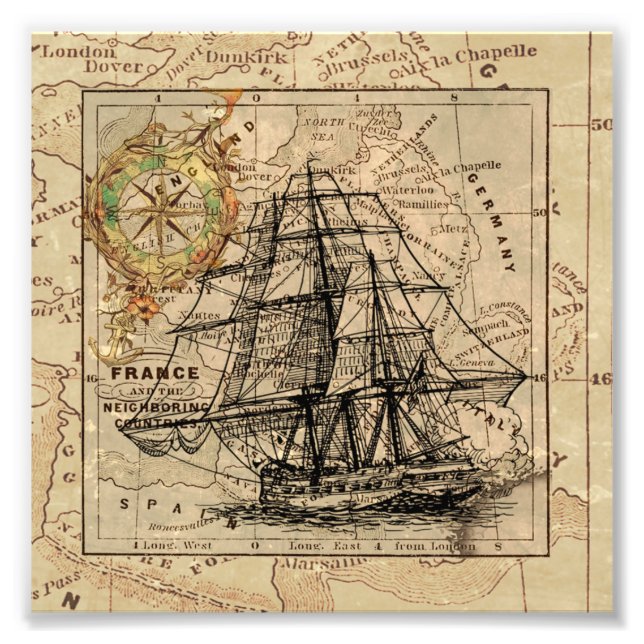 Foto Navio de Vela Antigo e Mapa Europeu Antigo (Frente)