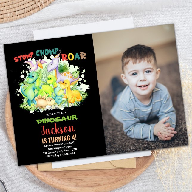 Foto Negra Vermelha Foto Negra Dinossauro Convite  (Red Green Black Photo Dinosaur Birthday Invitation)