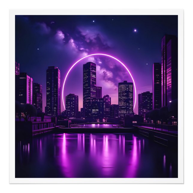 Foto Neon Cyberpunk Cityscape - Roxo futurístico (Frente)
