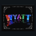 Foto Nome Wyatt - Nome em Luzes (Fotografia)<br><div class="desc">Um pouco de magia para o Wyatt na sua vida! O nome Wyatt é refletido em água tranquila, com hexágonos de folhas flutuantes. As letras parecem ser esculpidas de gelo ou cristal. Esta imagem é uma fotografia de letras feitas à mão, que mudam aleatoriamente, produzindo padrões únicos e cores de...</div>