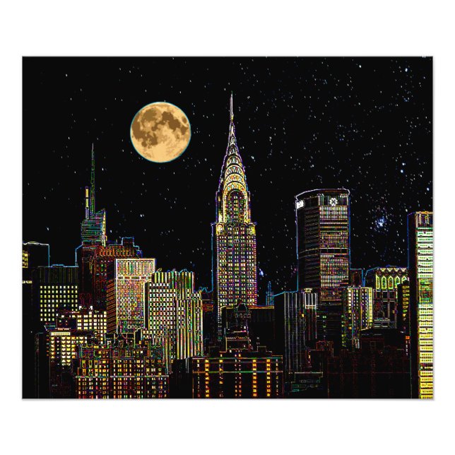 Foto Nova York Skyline À Noite Com Lua Cheia (Frente)