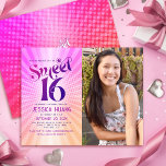 Foto Orçamentária Sweet 16 Pink Orange Gradient In<br><div class="desc">Feliz 16 de aniversário. Enviar este legal retrato do boho, convite de festas personalizado do orçamento para um evento para lembrar. Do lado esquerdo, a divertida, tenda, ousada tipografia rosa-quente e roxa-escura com a serifografia sans moderna sobrepõe-se a um fundo de raios quadrados laranja-claro-pop e cor-de-rosa-verde com pontos brancos. Uma...</div>