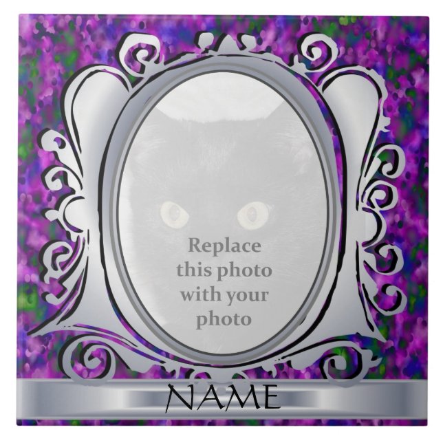 Foto Oval Roxo Silver com Azulejo de Nome (Frente)