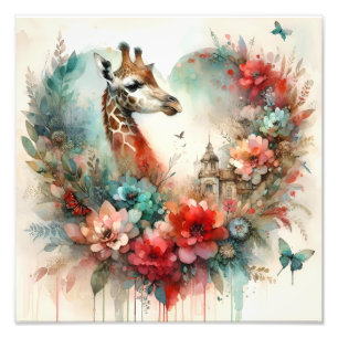 Foto Paisagem Floral de Girafas em Aquarela Safari