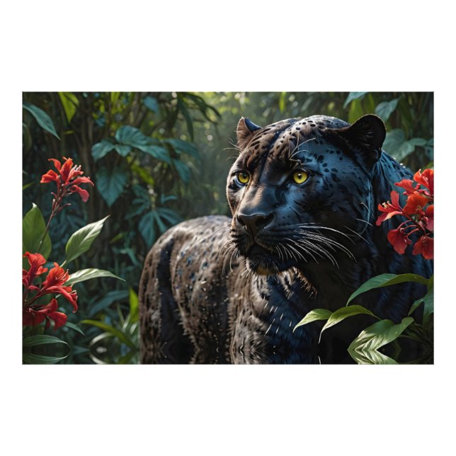 Foto Pantera Negra - Jaguar nas Flores Vermelhas Selvag (Frente)