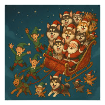Papai Noel com cachorrinhos alegres e elfos!