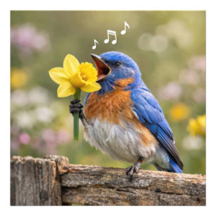 Foto Pássaro Azul Cantando em um Narciso Amarelo