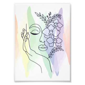 Foto Pastel Floral Line Art Face Imprimível Wall Art