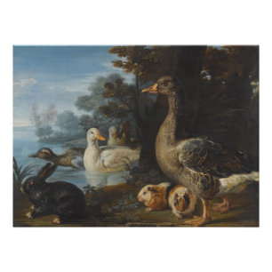Foto Patos pintados e um coelho em uma paisagem flutuad