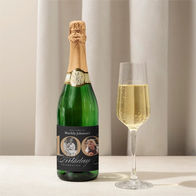 Foto personalizada da caligrafia Dourada de aniver (100th Birthday Gold Black Calligraphy Custom Photo Sparkling Wine Label)