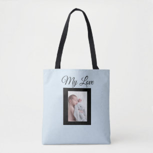 Foto personalizada de bebê azul e preto Tote Bag