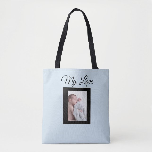 Foto personalizada de bebê azul e preto Tote Bag (Frente)