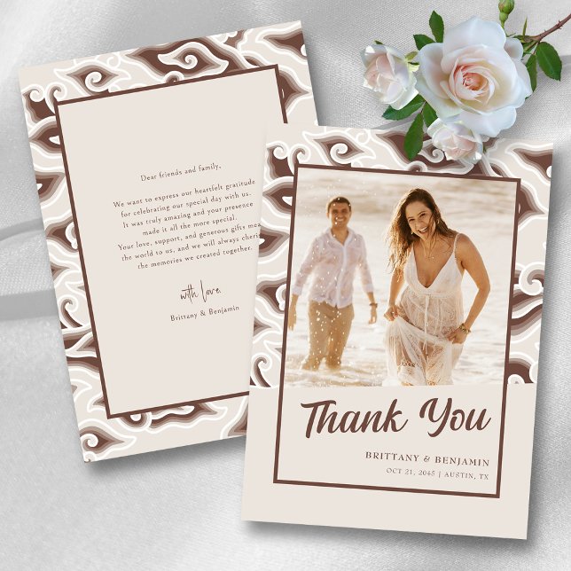 Foto Personalizada De Cartões de agradecimentos De (Vintage Brown Batik Gratitude Personalized Wedding Thank You Card )