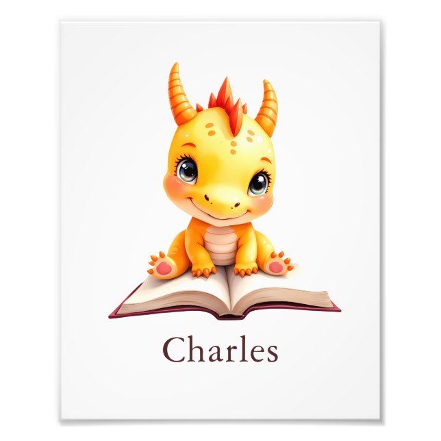 Foto Personalized Baby Dragon Reading Custom Art Print (Frente)