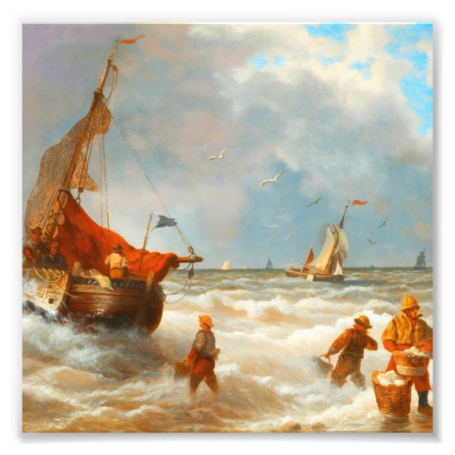 Foto Pescadores Antigos e Barcos à Vela Mar Agitado (Frente)
