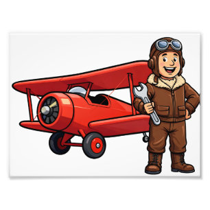Foto Piloto Vintage com Arte de Desenho Animado de Bipl