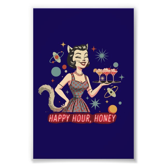 Foto Pin-Up Retro do Gato Atômico | "Hora Feliz, Querid (Frente)