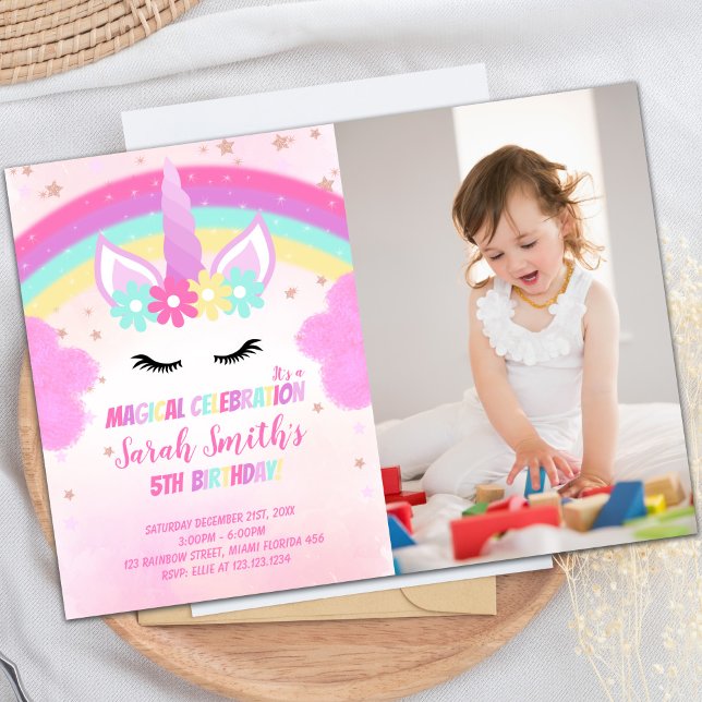 Foto Pink Cloud Unicorn Convites de Aniversário (Photo Pink Cloud Unicorn Birthday Invitations)