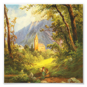 Foto Pintura a Óleo de Igreja de Montanha Europeia Vint