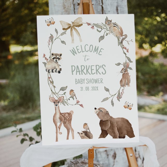 Foto Placa de Boas-Vindas para Chá de Bebê Floresta Mar (Woodland Baby Shower Welcome Sign, Rustic Woodland Animals Baby Shower Welcome Sign, Gender Neutral)