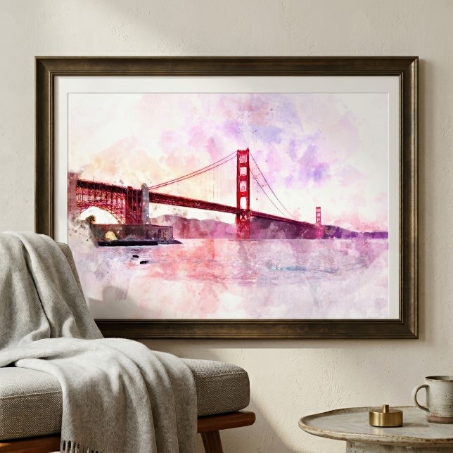 Foto Ponte Golden Gate em Aquarela ao Pôr do Sol (Golden Gate Bridge Watercolor at Sunset. Photo Print )