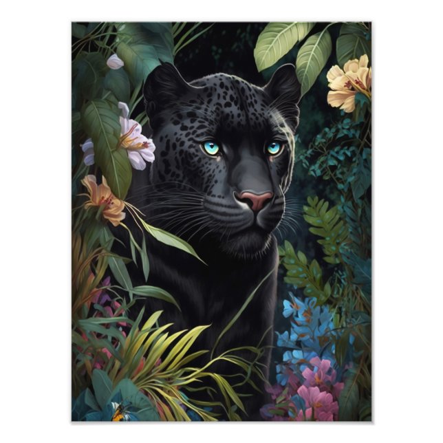 Foto Poster de pantera negra en la selva con flores (Frente)
