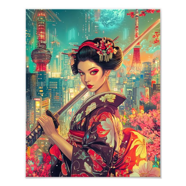 Foto Poster Geisha, Impressão de Arte Geisha Vibrante (Frente)