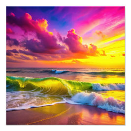 Foto Praia com Ondas de Oceano Amarelo e Rosa Vibradas