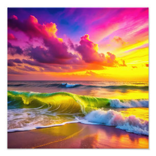 Foto Praia com Ondas de Oceano Amarelo e Rosa Vibradas