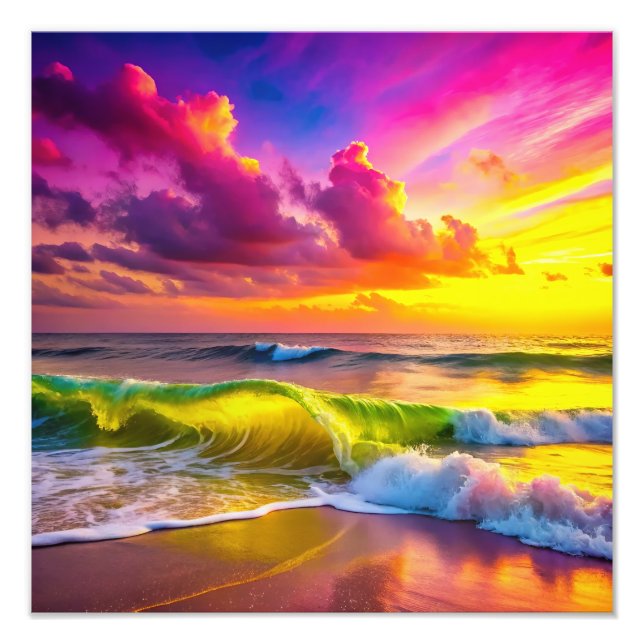 Foto Praia com Ondas de Oceano Amarelo e Rosa Vibradas (Frente)