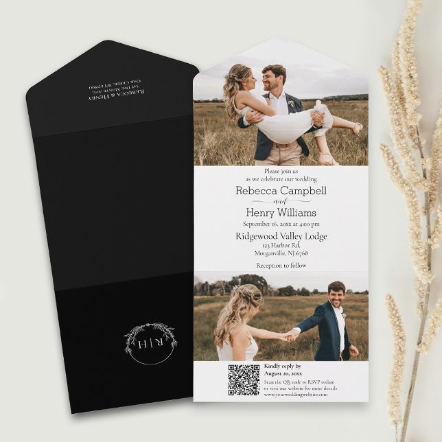 Foto Preta Moderna | Monograma | Código QR (Simplify your wedding with our all-in-one invitation – convenience and beauty in a single card.)