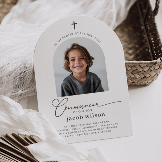 Foto: Primeiro Convite de Arch de Menino de Comunh (Zazzle Photo First Communion Boy Arch Invitation)