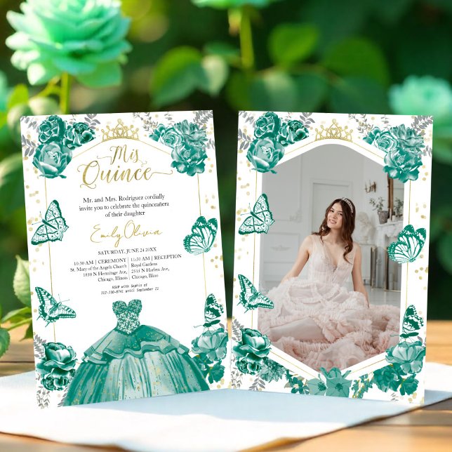 Foto Quinceanera Convite Emerald Green Floral (Criador carregado)