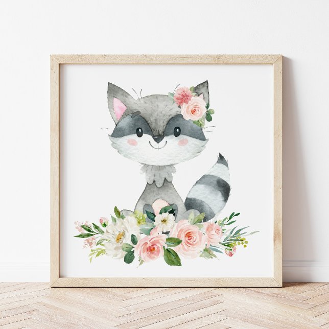 Foto Raccoon, Animais Da Floresta, Boho, Flores Rosa (Criador carregado)