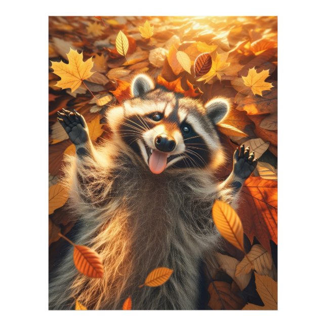 Foto Raccoon Tocando nas Folhas do outono (Frente)