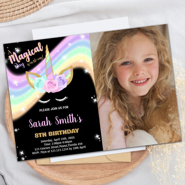 Foto: Rainbow Pink Unicorn - Convites de Aniversár (Photo Rainbow Pink Unicorn Birthday Invitations)