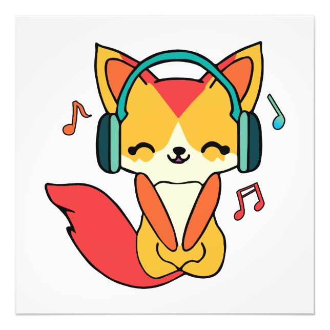 Foto Raposa feliz com fones de ouvido ouvindo música. (Frente)