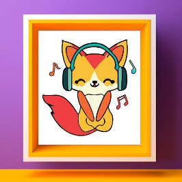 Foto Raposa feliz com fones de ouvido ouvindo música.