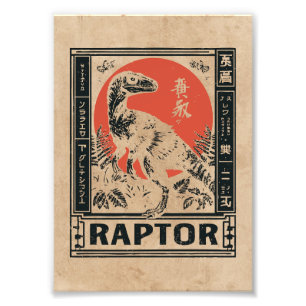 Foto Raptor Dinossaur Japandi Art Wabi Sabi Red Sun