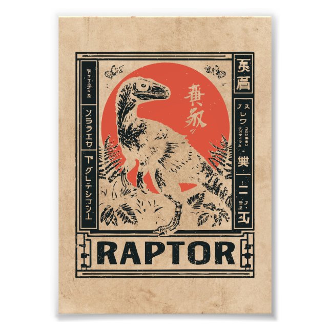 Foto Raptor Dinossaur Japandi Art | Wabi Sabi Red Sun (Frente)