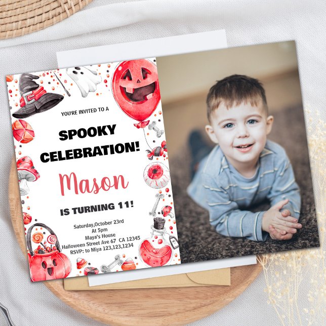 Foto Red Ballon Halloween Convite de Aniversário (Photo Red Ballon Halloween Birthday Invitations)