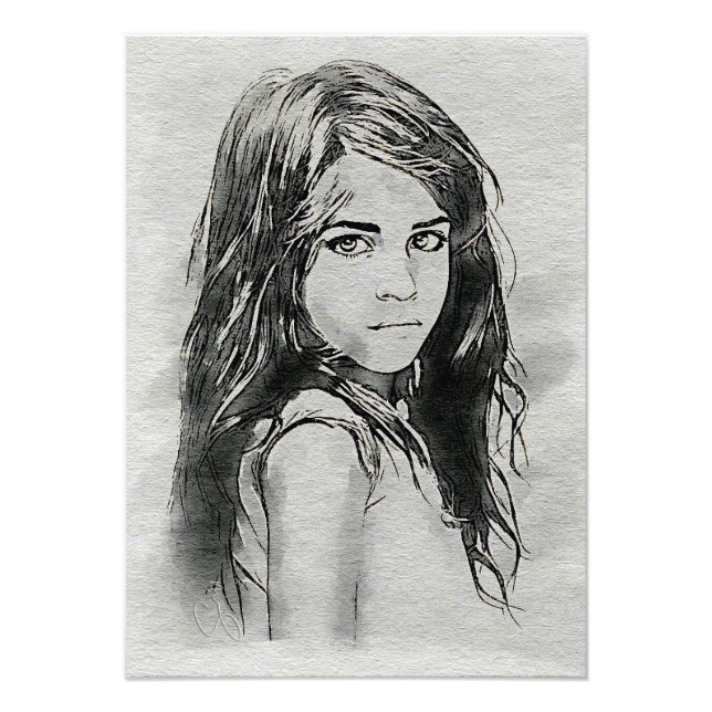 Foto Retrato de Aquarela Menina | Preto & Branco (Frente)