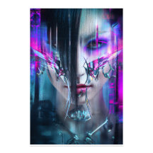 Retrato de Distorção Neon Rosto Cyberpunk Glitch