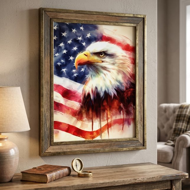 Foto Retrato Majestoso de Águia Careca com Bandeira Ame (Majestic Bald Eagle Portrait with American Flag. Photo Print)