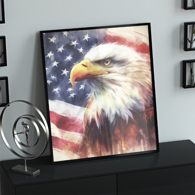 Foto Retrato Majestoso de Águia Careca com Bandeira Ame (Majestic Bald Eagle Portrait with American Flag. Photo Print)
